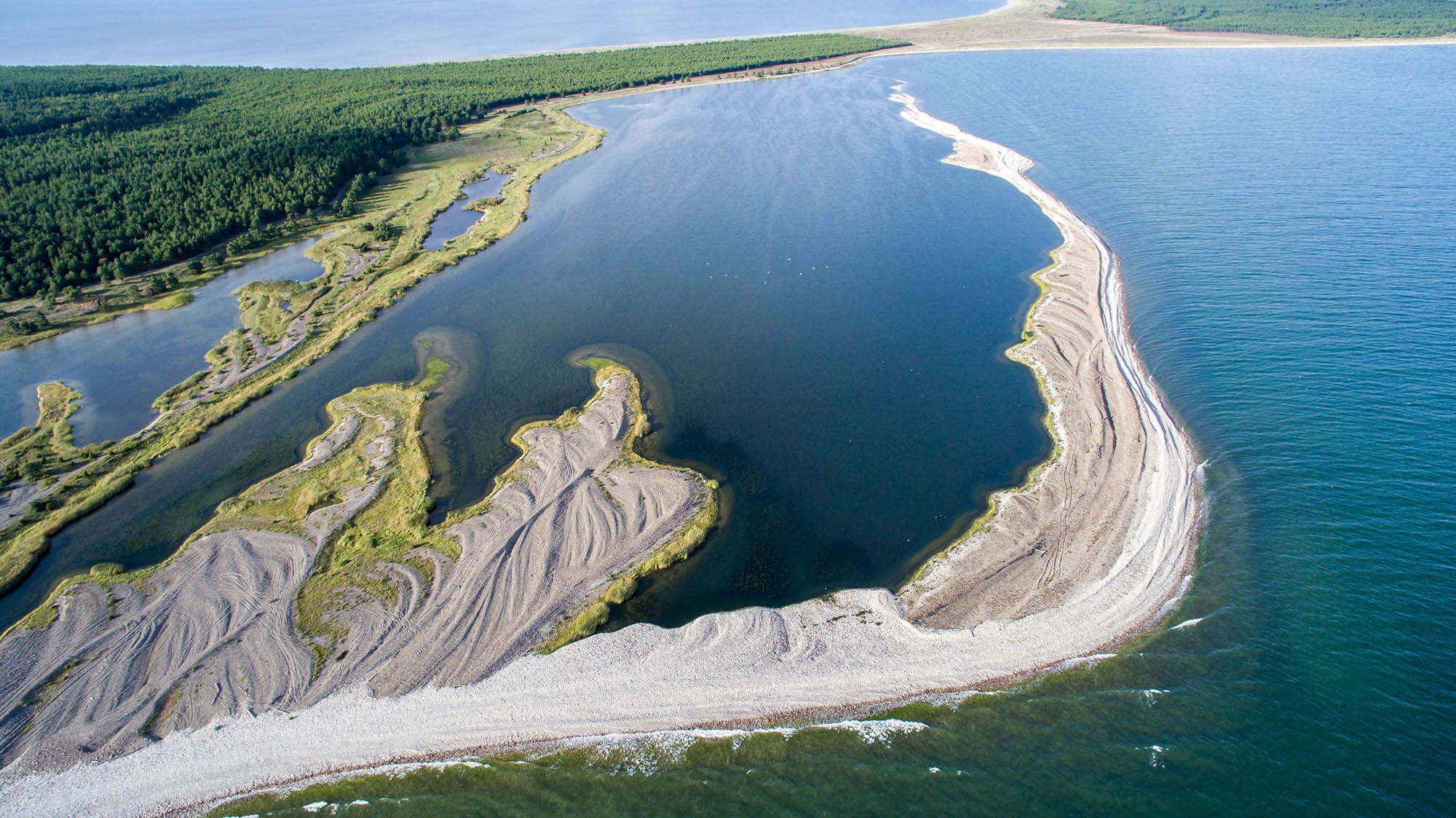Aerial view over complex coastal development - the gravel spits created by storms forming new emerging seacoast, isolating sea bay into coastal lagoon. Harilaid, Vilsandi national park, Estonia