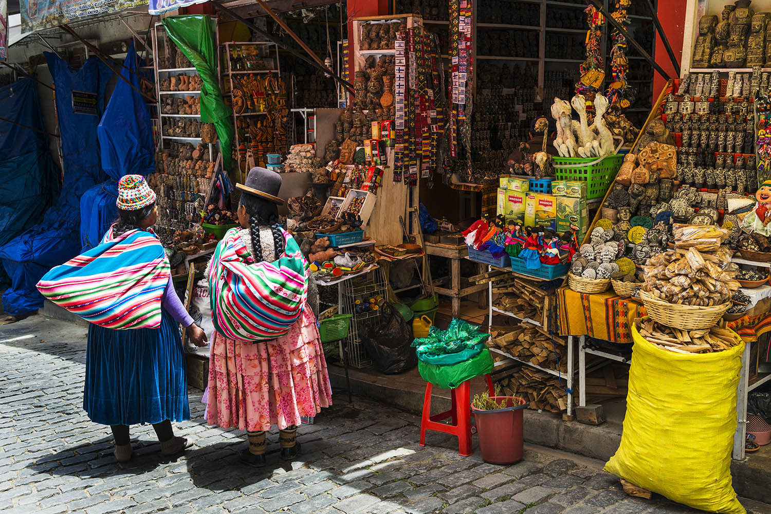 La Paz, Bolivia - December 8, 2013: Two local woman wearing traditional clothing in front of a store in a street of the city of La Paz, in Bolivia