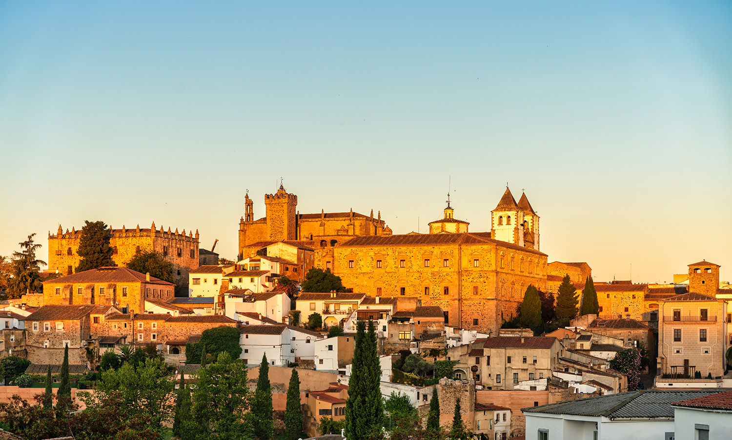 panoramic view of the city of Caceres in Extremadura in Spain - golden hour