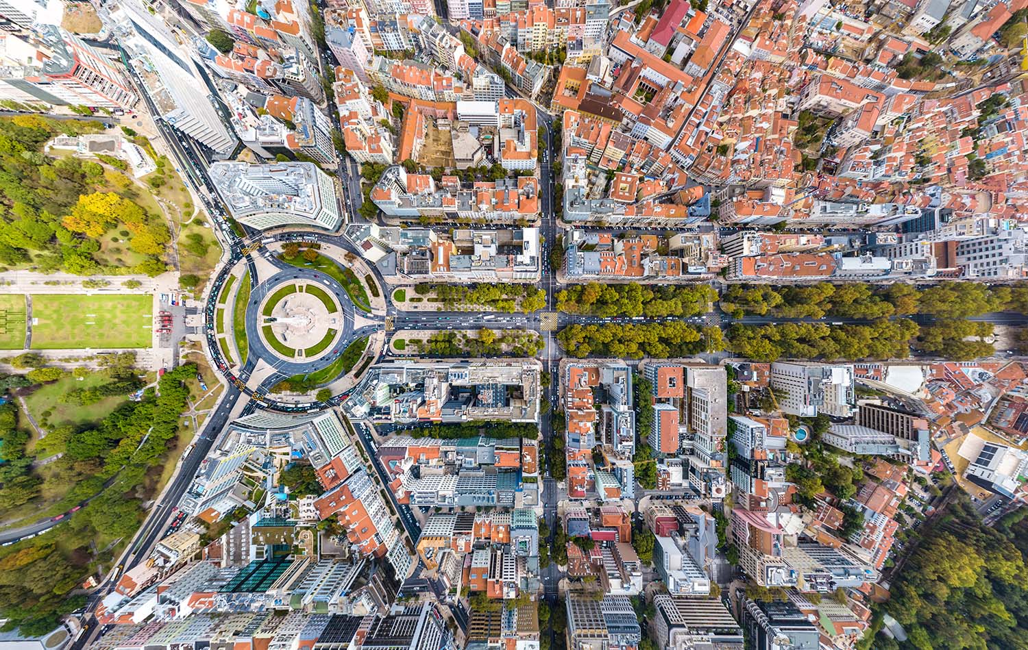 Lisbon, Portugal, Europe - October 16th 2019: Avenida da Liberdade or Avenue of Liberty, a Major Boulevard in the Historical City of Lisbon, the Portuguese Capital. Panoramic Aerial Cityscape.
